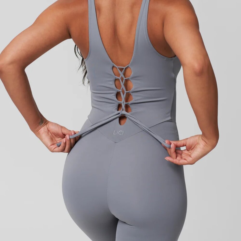 Grey Lace Up Legging Jumpsuit